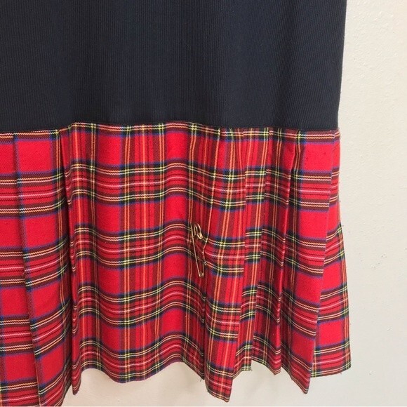 Vintage In Sync Black Ribbed Knit Drop Waist Red Tartan Plaid Dress Women's 24 - Picture 4 of 13
